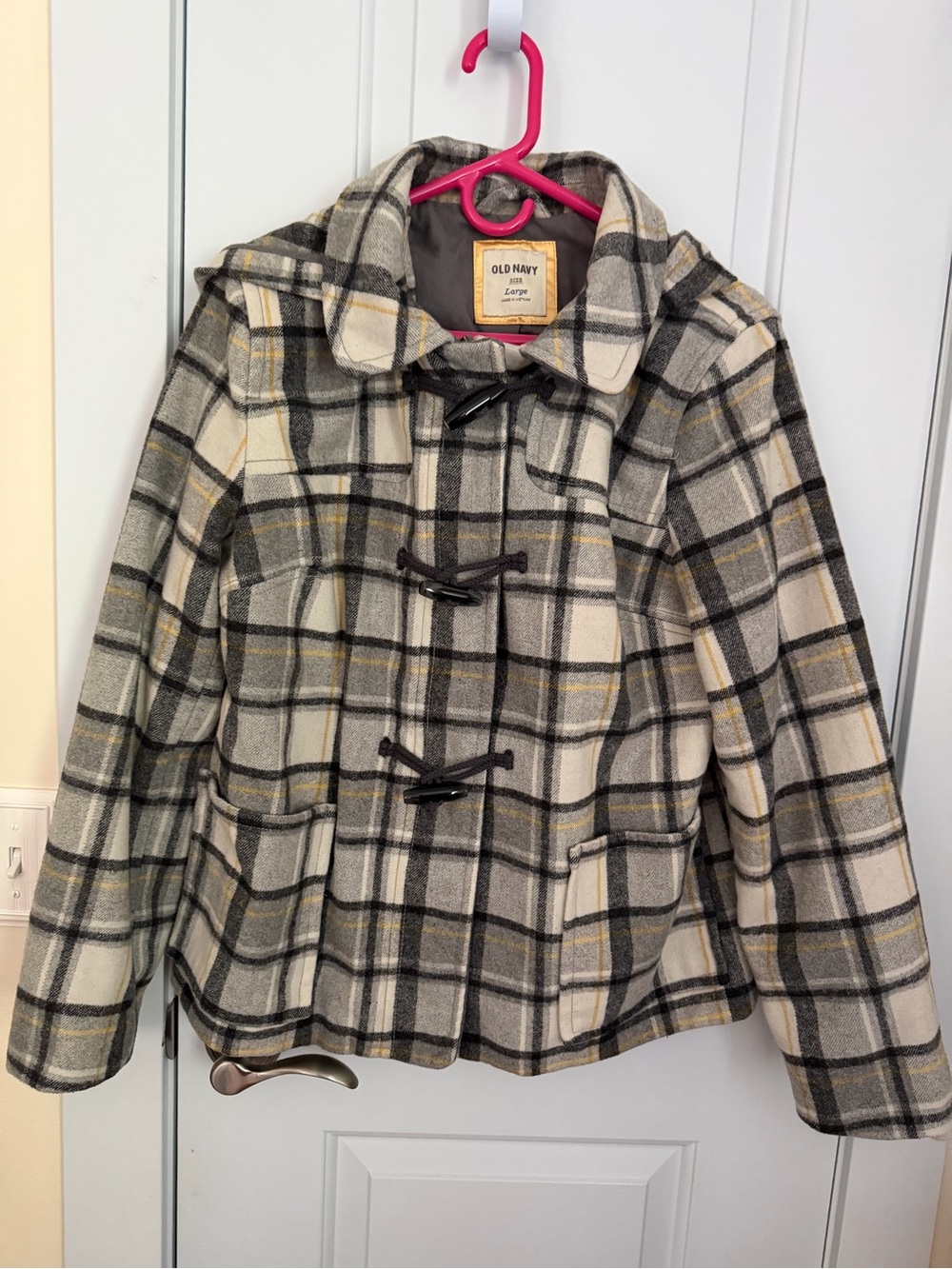 Old Navy Cream and Gray Plaid Toggle Pea Coat